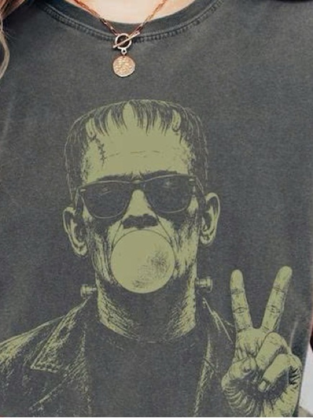 Olive Green Tee with Light Green Frankenstein Graphic - Picture 2 of 2